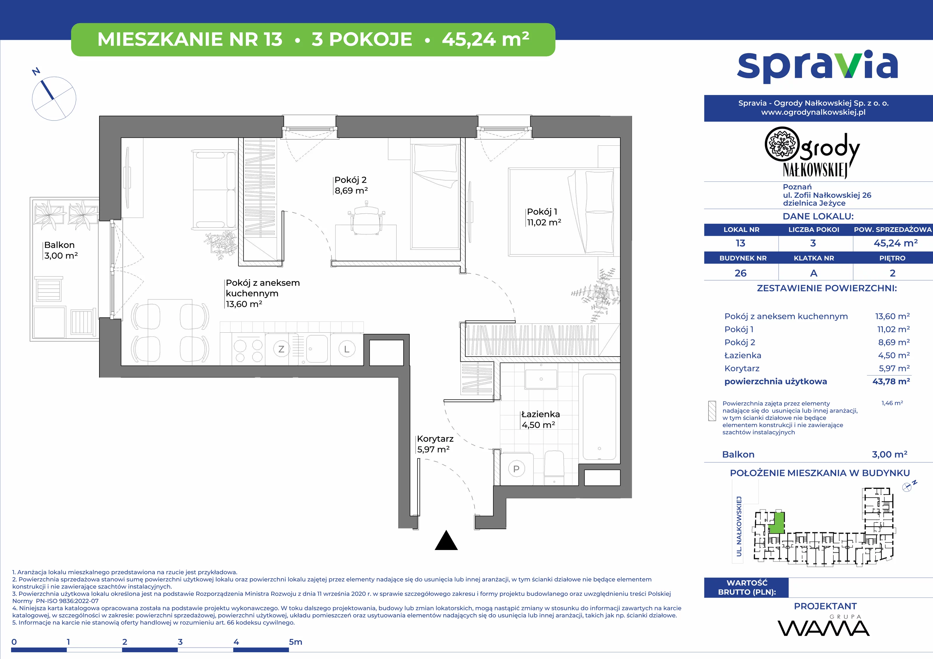 3 pokoje, mieszkanie 45,24 m², piętro 2, oferta nr 26-13, Ogrody Nałkowskiej, Poznań, Ogrody, ul. Nałkowskiej 24, 26